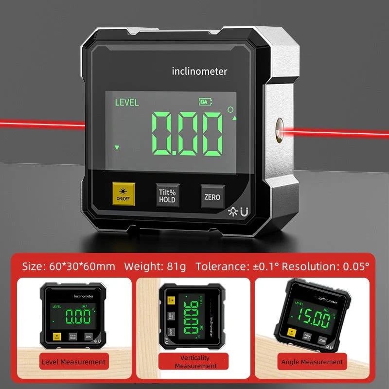 🔧📐 Magnetic Digital Angle Finder with Laser Level, 4-Sided Base for Accurate Carpentry & Construction Measurements ✨