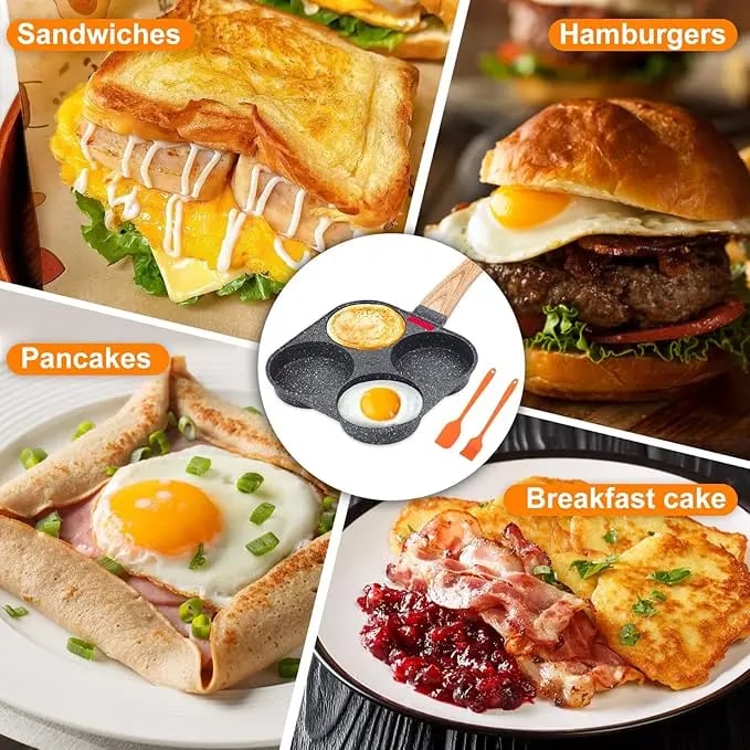 🔥Multifunctional 4 Holes Skillet With Handle Wooden Handle🍳