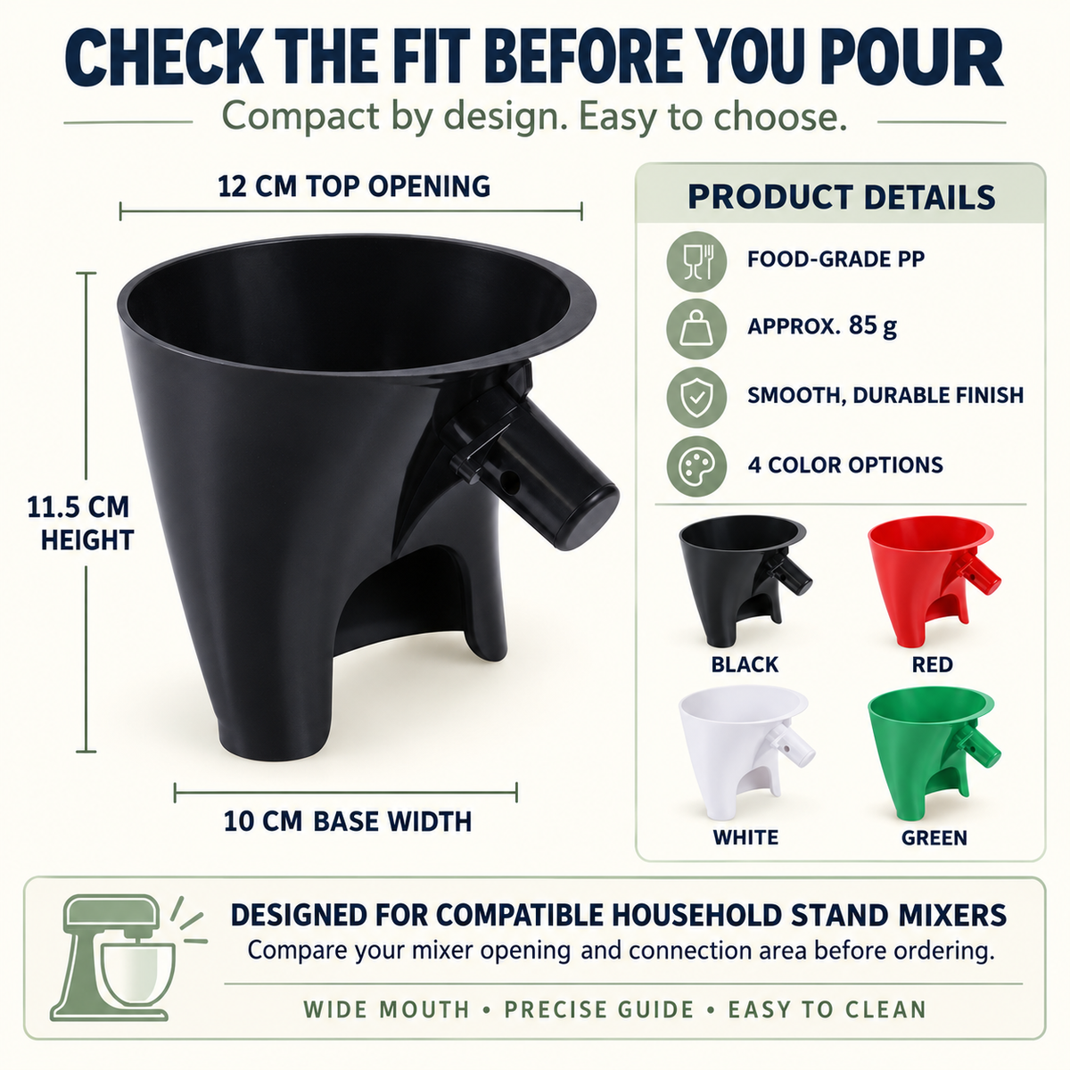 🥣 Mess-free Stand Mixer Flour Funnel – Wide-mouth Ingredient Pouring Guide