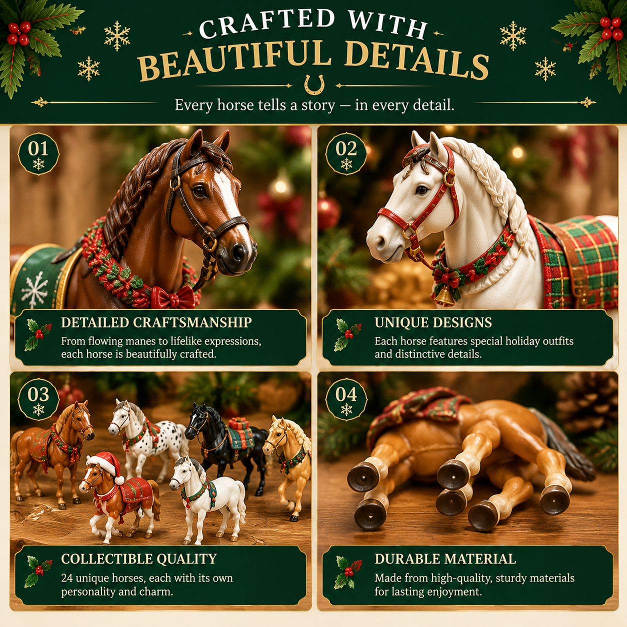 Horse collection arranged as a Christmas keepsake display