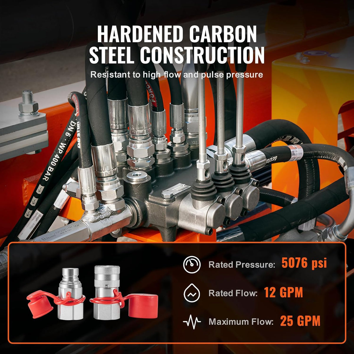 💯VEVOR 1/2" Flat Face Hydraulic Couplers, 1/2" NPT Skid Steer Hydraulic Quick Connect Couplers with 2 Dust Caps (ISO16028)