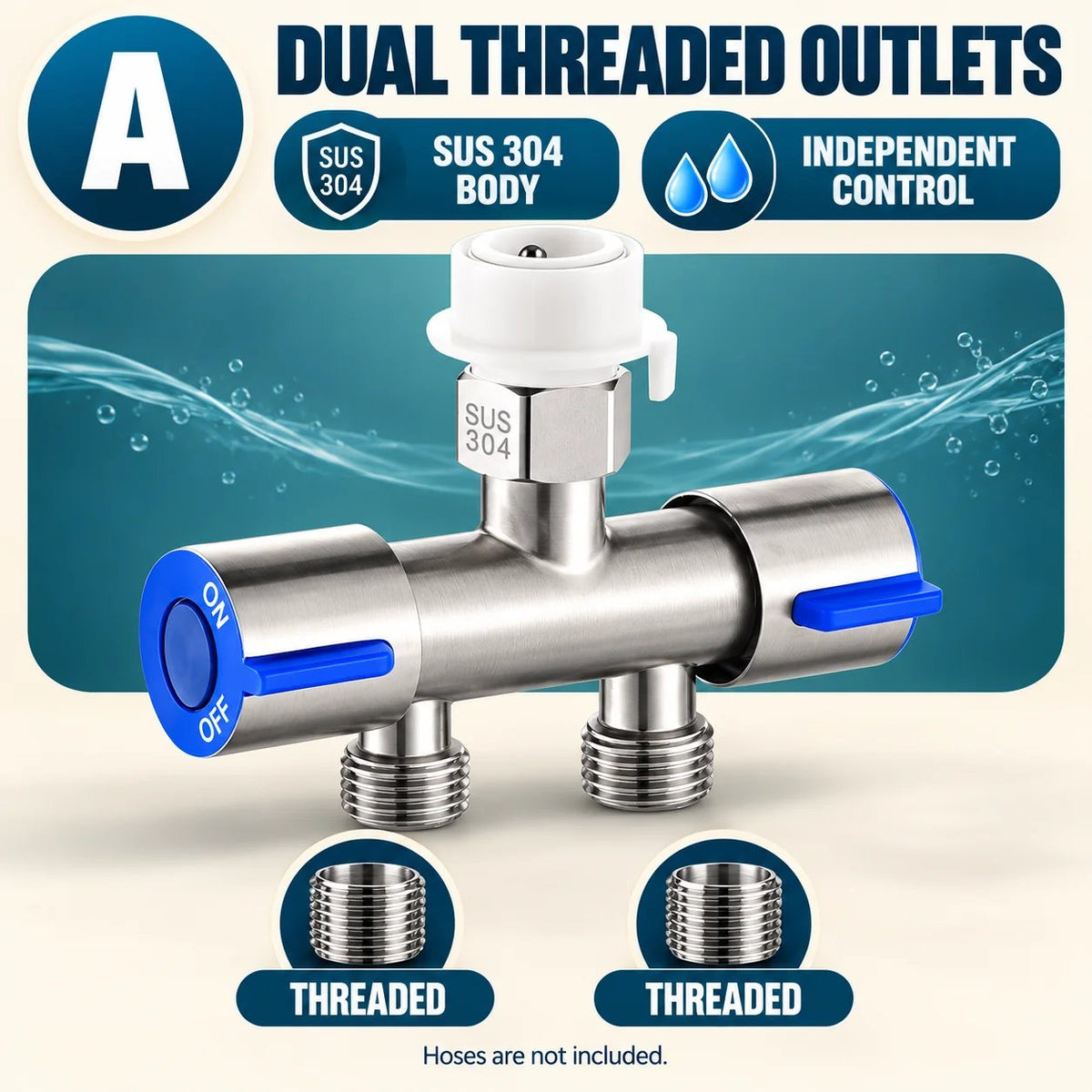 SUS 304 Dual-Control Faucet Diverter 🚿 – 2-Way Hose & Washer Connection