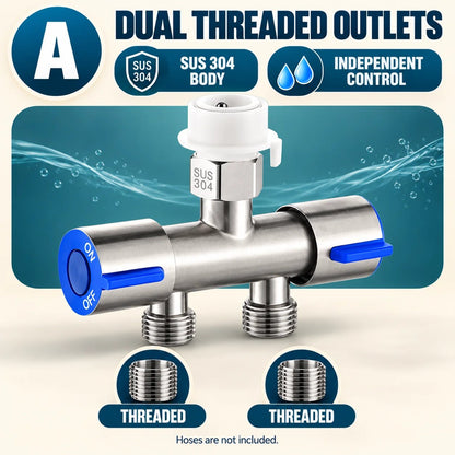 SUS 304 Dual-Control Faucet Diverter 🚿 – 2-Way Hose & Washer Connection