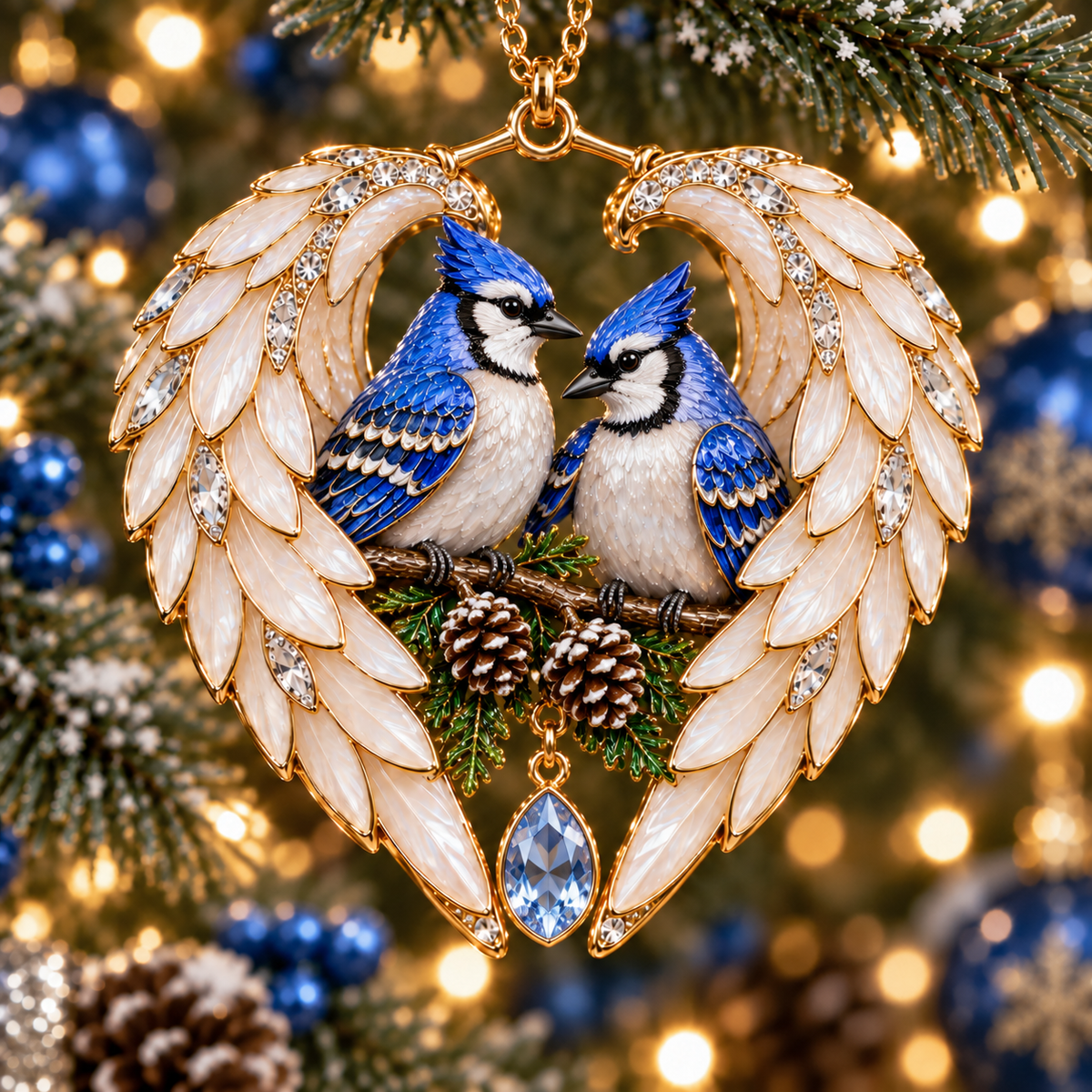 Bluebird Pair and Flowers angel wing heart Christmas ornament
