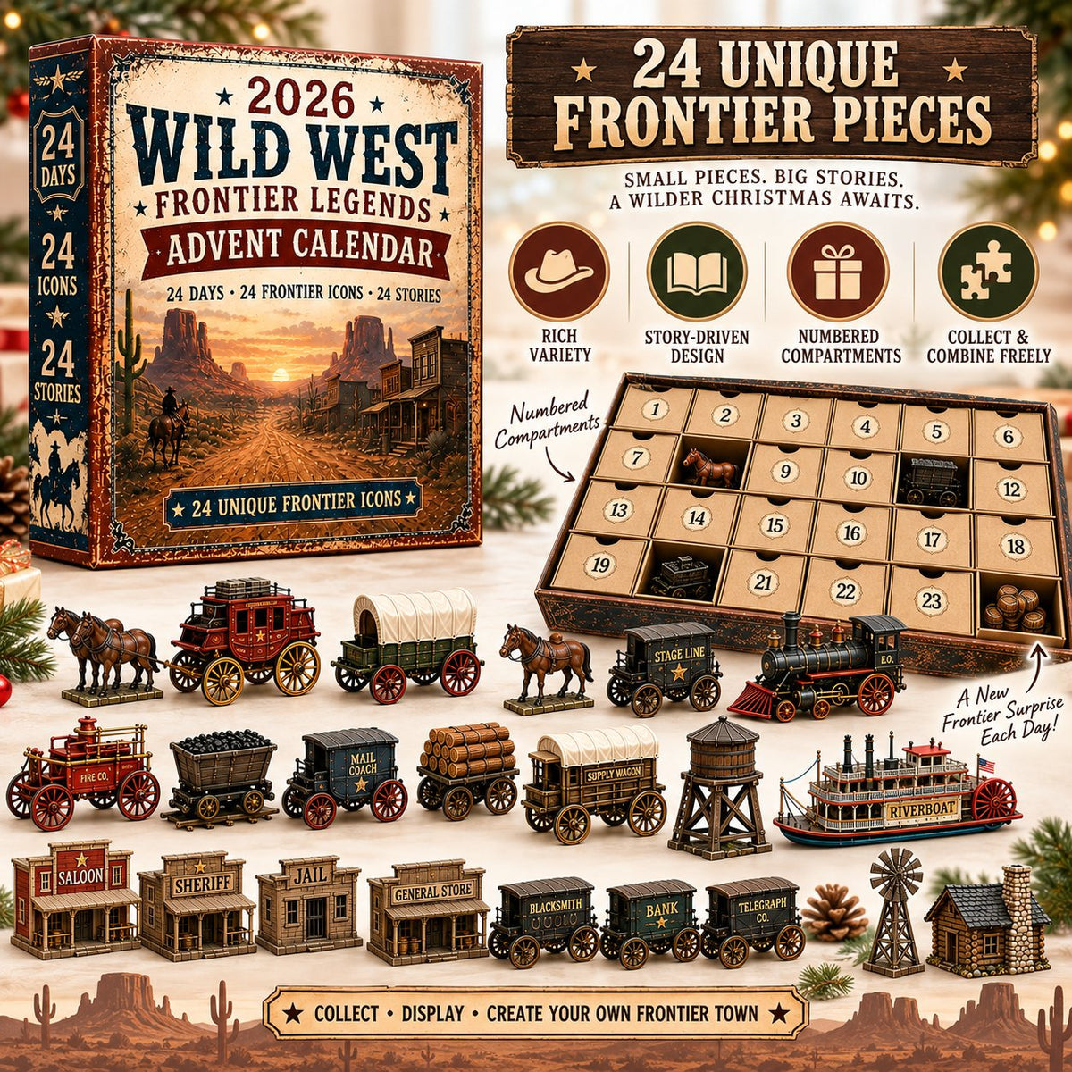2026 Wild West Frontier Legends Advent Calendar – 24 Days of Old West Miniature Collectibles, Western Christmas Countdown Gift for History & Cowboy Fans
