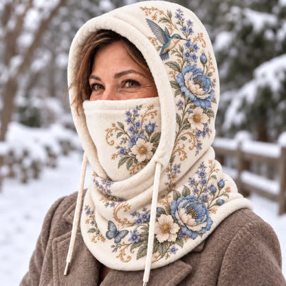 🌸 Women’s Floral 3-in-1 Winter Hood – Fleece-Lined Embroidered Hat, Face Cover & Neck Warmer