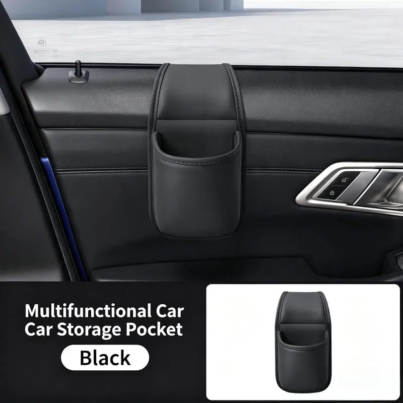🚗 Double-Tier Leather Car Door Caddy – Slim Storage for Phone, Keys & Daily Gear
