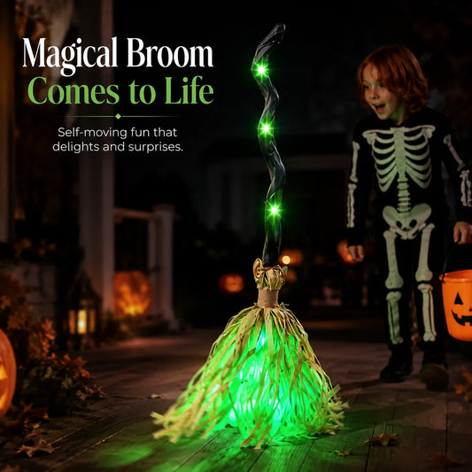 Animated Moving Witch Broom, Light‑Sound‑Motion Halloween Prop to Boost Thrill for Your Indoor & Outdoor Party Decor
