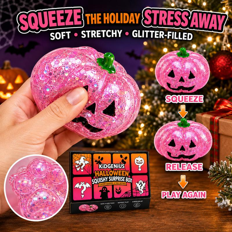 A hand squeezing a pink glitter pumpkin squishy