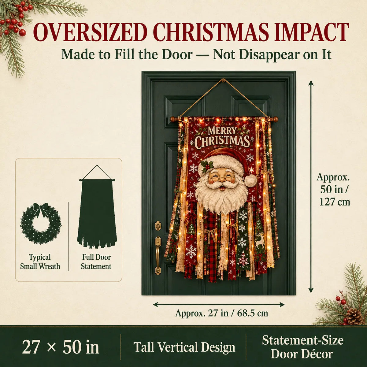 ⏳ Last Day 49% OFF – 🎄Oversized Lighted Christmas Door Hanging Decor Collection | 27 × 50 in Layered Fabric Design with Warm Lights & 5 Festive Character Styles ✨