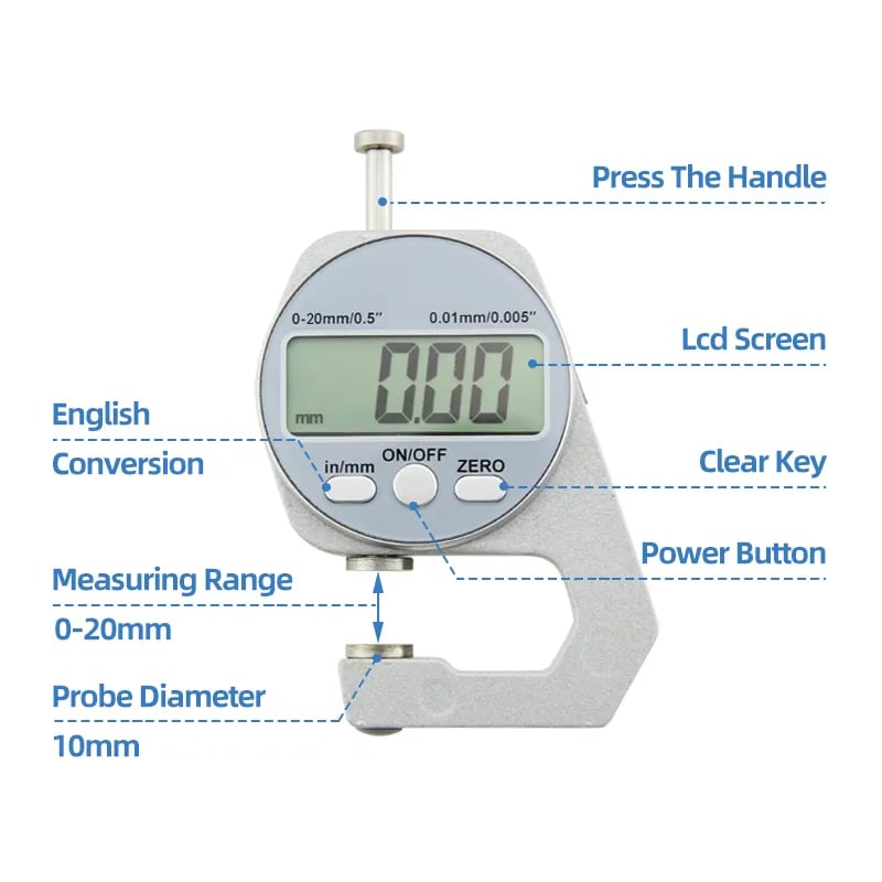 📏 Digital Thickness Gauge – 0–20mm Flat-Head Measuring Tool