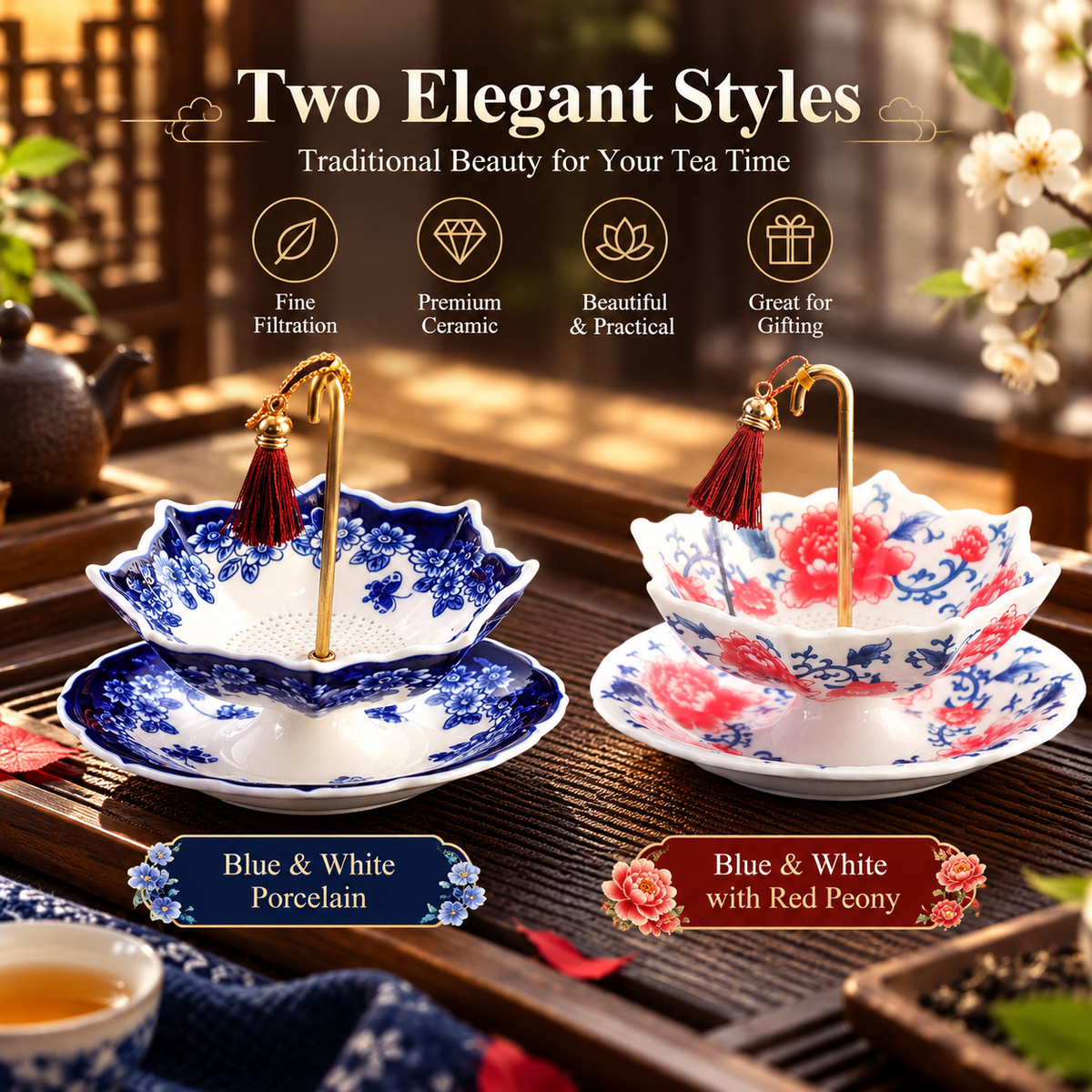 Umbrella-Shaped Porcelain Tea Infuser – Elegant Ceramic Tea Strainer with Decorative Saucer