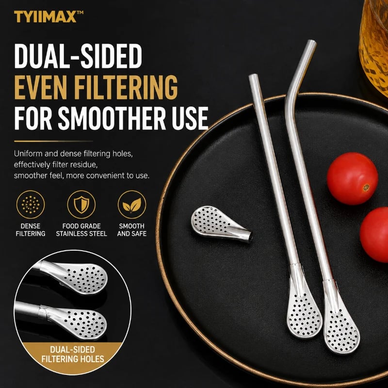 2-in-1 Stainless Steel Straw Spoons 🥄 – 2 Straws & 2 Cleaning Brushes
