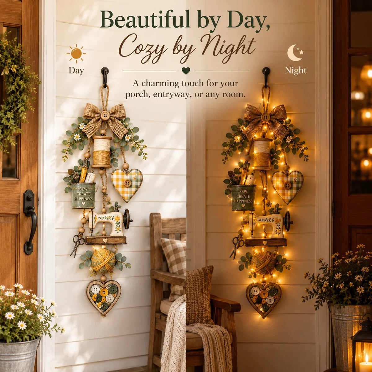 ✨🧵 Rustic Wooden Sewing - Themed Hanging Ornament with Remote Control Fairy Lights