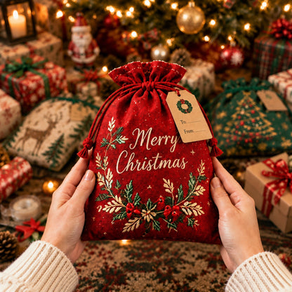 ✨ Christmas Gift Sacks 6pcs, Santa Reindeer Linen Drawstring Pouches