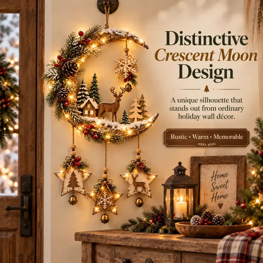 🌙🦌Lighted Rustic Christmas Crescent Moon Wall Decor