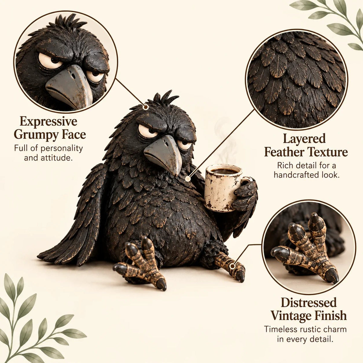 Close detail view of the raven figurine face, layered feather texture, feet, and distressed-looking finish