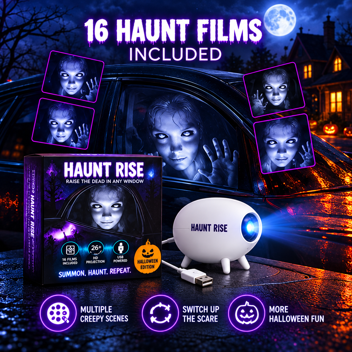 🏅100K+ Sold 🎃 Halloween Window Projector 👻 12 Spooky Films USB Powered Holiday Decor