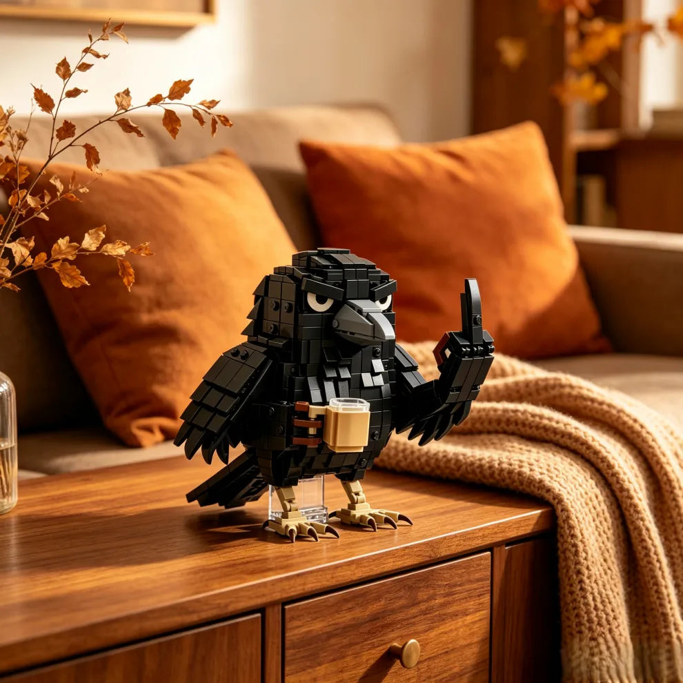 🐦‍⬛ Sarcastic Coffee Crow Building Block Set – Funny Do Not Disturb Desk Decor