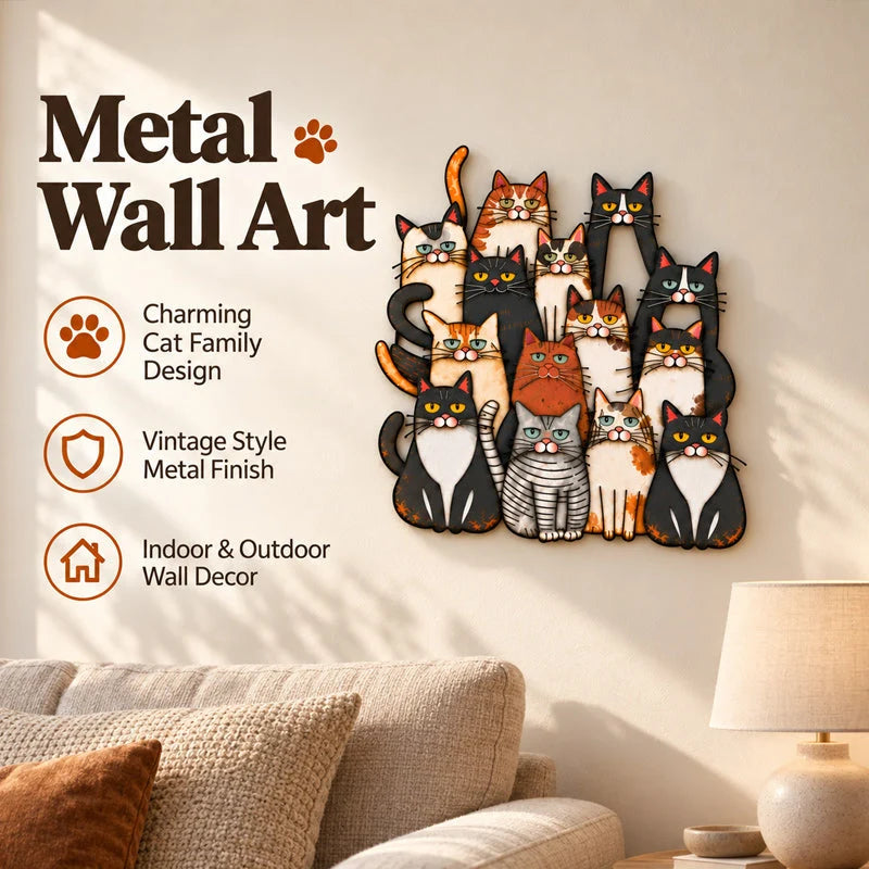 🐾 Whimsical Cat Family Metal Wall Art – Playful Feline Home Decor
