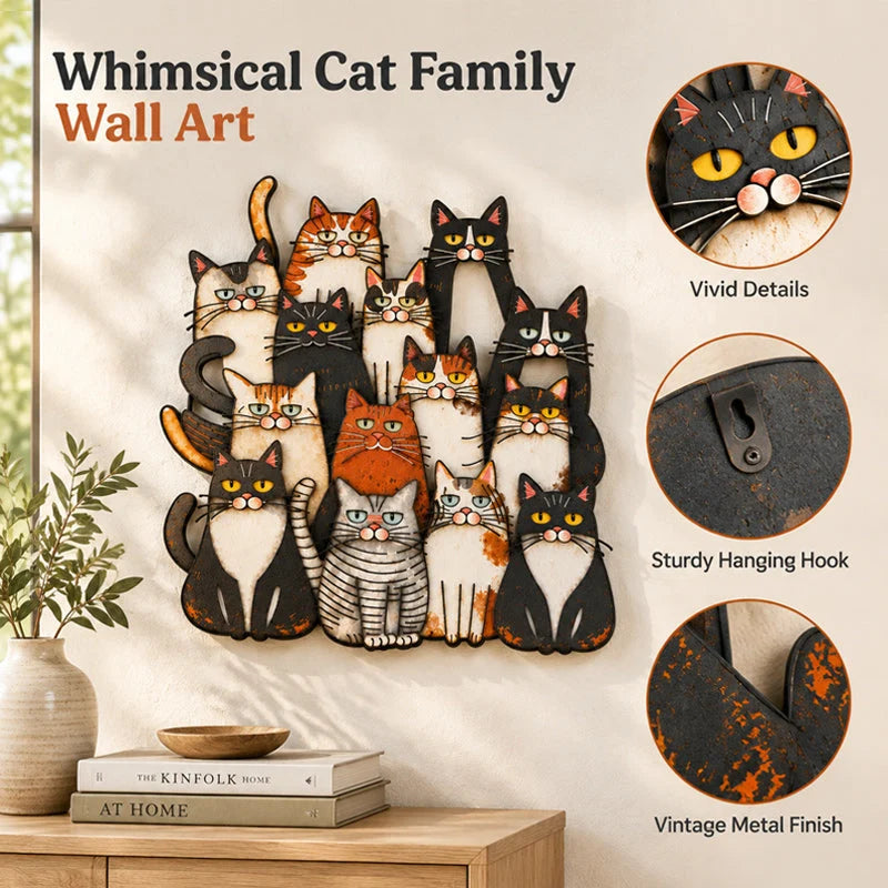 🐾 Whimsical Cat Family Metal Wall Art – Playful Feline Home Decor
