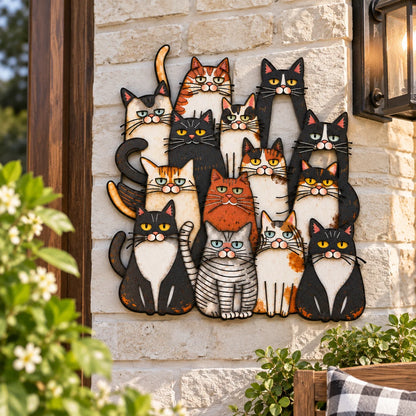 🐾 Whimsical Cat Family Metal Wall Art – Playful Feline Home Decor