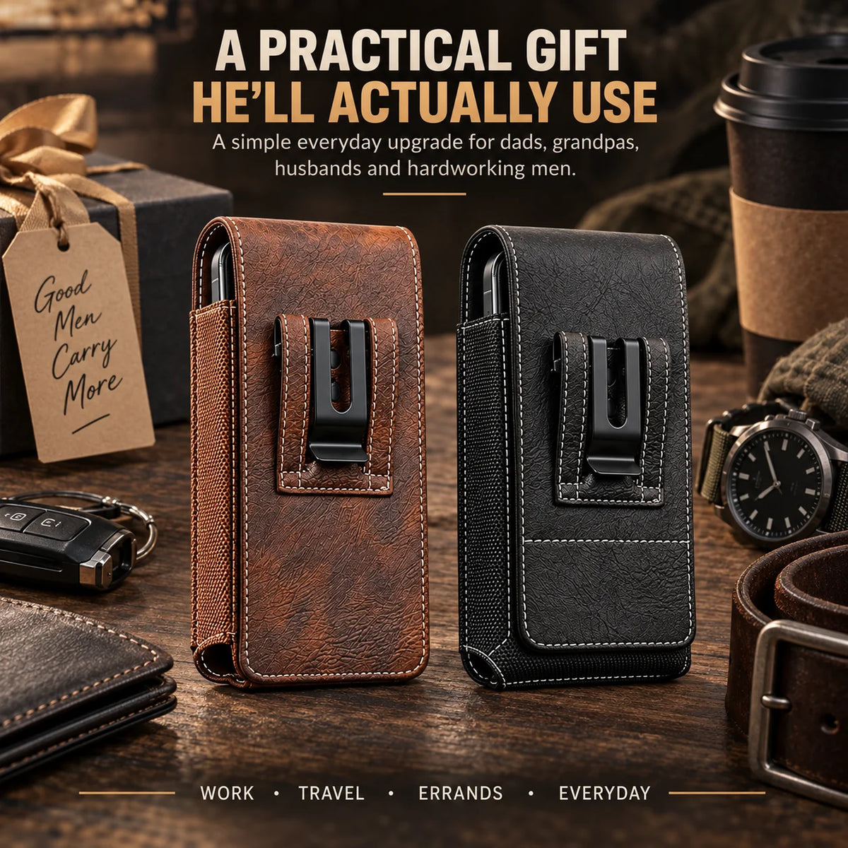 Men’s Waist Phone Pouch with Magnetic Closure, Card Slot & Metal Belt Clip