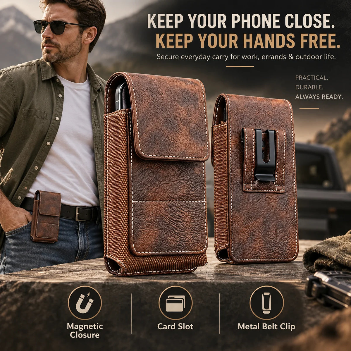 Men’s Waist Phone Pouch with Magnetic Closure, Card Slot & Metal Belt Clip