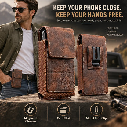 Men’s Waist Phone Pouch with Magnetic Closure, Card Slot & Metal Belt Clip