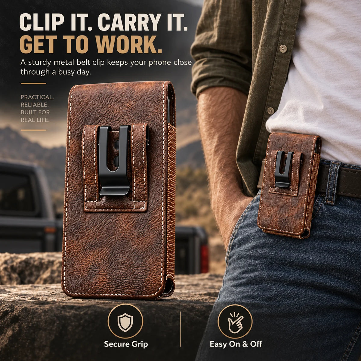 Men’s Waist Phone Pouch with Magnetic Closure, Card Slot & Metal Belt Clip