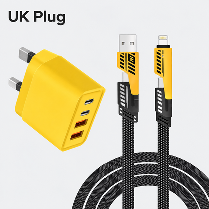 ⚡ Portable Fast Charger Set – Dual-Port USB-C & USB-A Adapter + 4-in-1 Cable