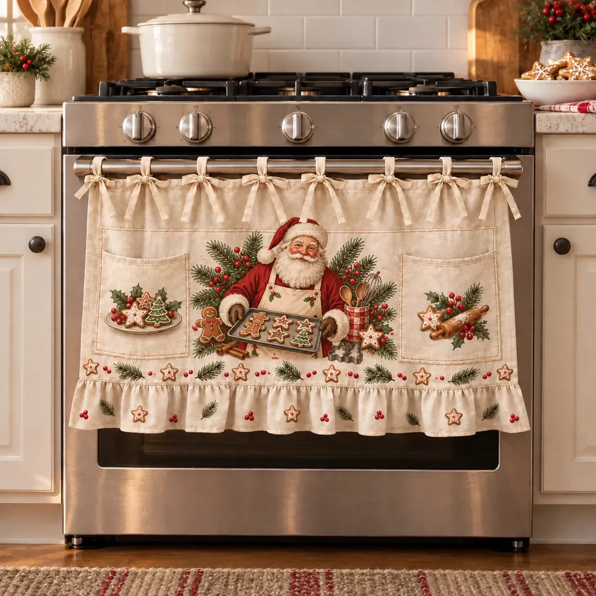 ⏳ Last Day 49% Off – 🎄 Christmas Kitchen Tie-on Skirt | Festive Holiday Designs With Pockets & Ruffled Trim ✨