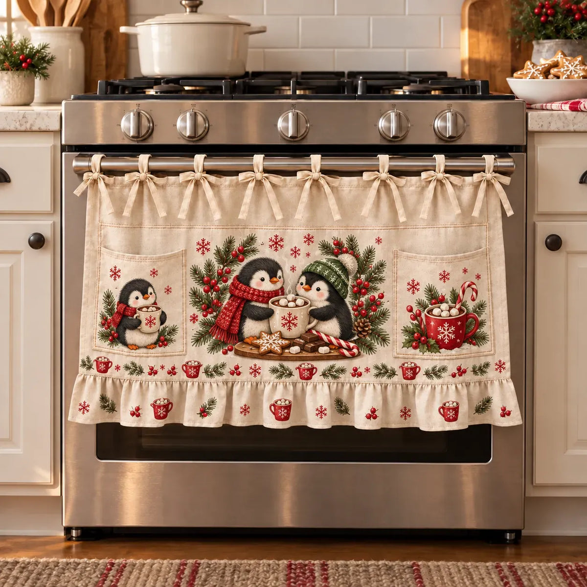 ⏳ Last Day 49% Off – 🎄 Christmas Kitchen Tie-on Skirt | Festive Holiday Designs With Pockets & Ruffled Trim ✨