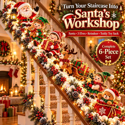 🎅 Santa’s Staircase Workshop™ – Lighted 6-Piece Christmas Stair Railing Decor ⏳