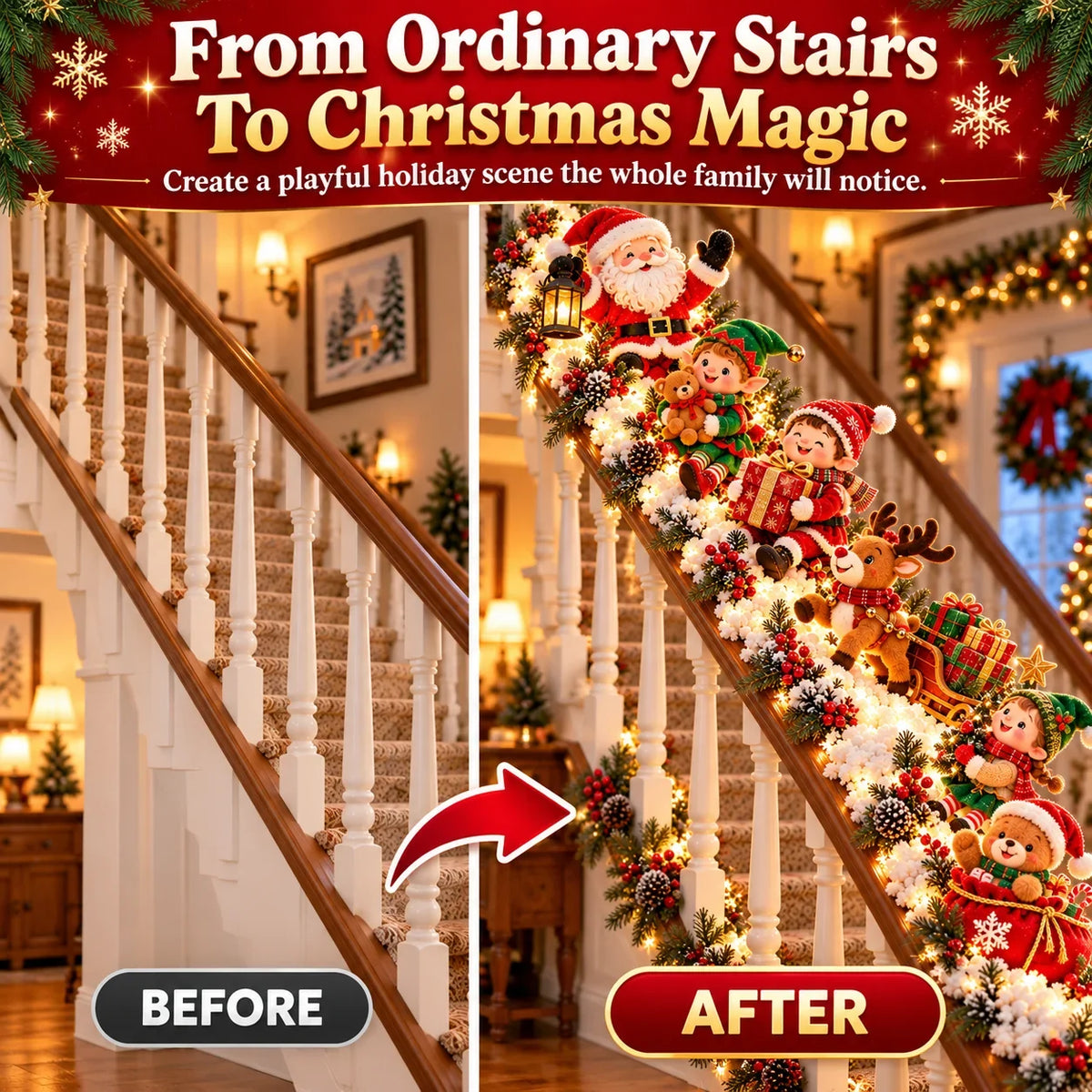 🎅 Santa’s Staircase Workshop™ – Lighted 6-Piece Christmas Stair Railing Decor ⏳