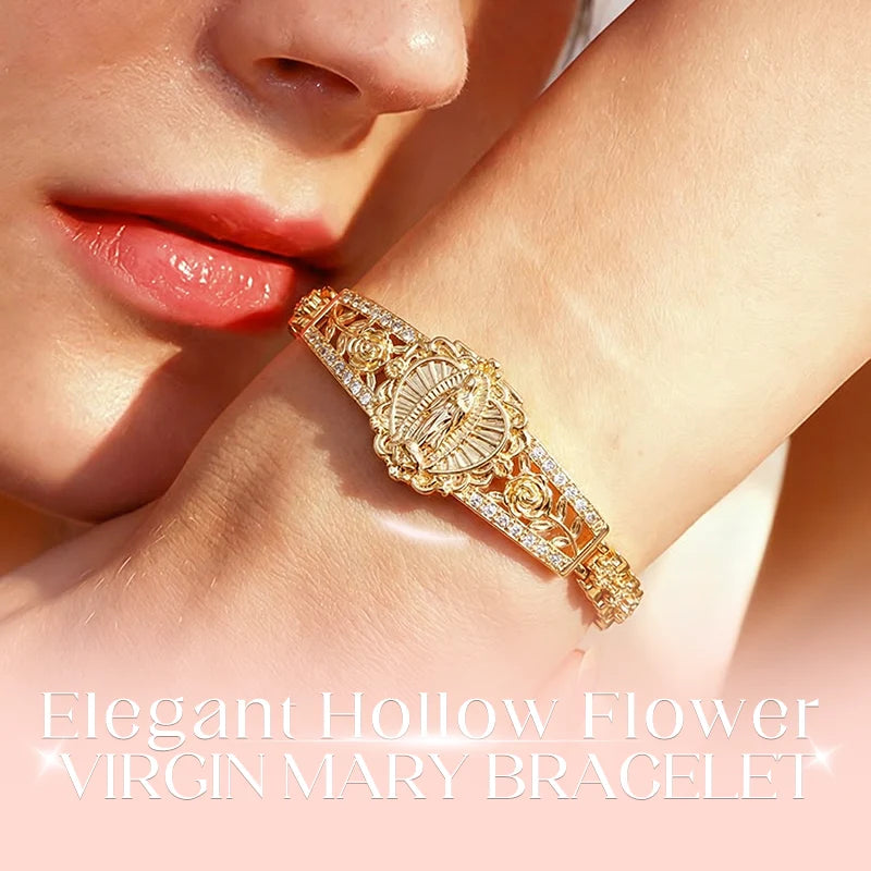 📢📢50% OFF & In Stock⏰Elegant Hollow Flower Virgin Mary Bracelet – Filigree Design, Gold Plated, Faith Inspired ✨