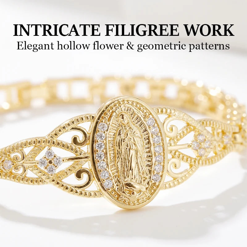 📢📢50% OFF & In Stock⏰Elegant Hollow Flower Virgin Mary Bracelet – Filigree Design, Gold Plated, Faith Inspired ✨