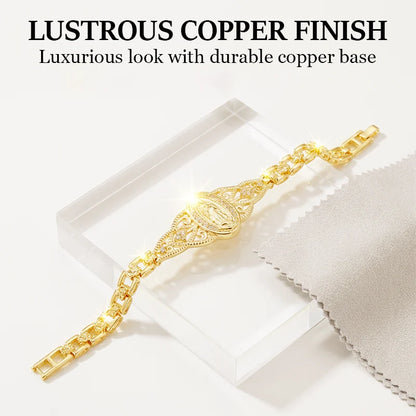 📢📢50% OFF & In Stock⏰Elegant Hollow Flower Virgin Mary Bracelet – Filigree Design, Gold Plated, Faith Inspired ✨