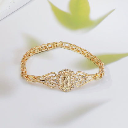 📢📢50% OFF & In Stock⏰Elegant Hollow Flower Virgin Mary Bracelet – Filigree Design, Gold Plated, Faith Inspired ✨