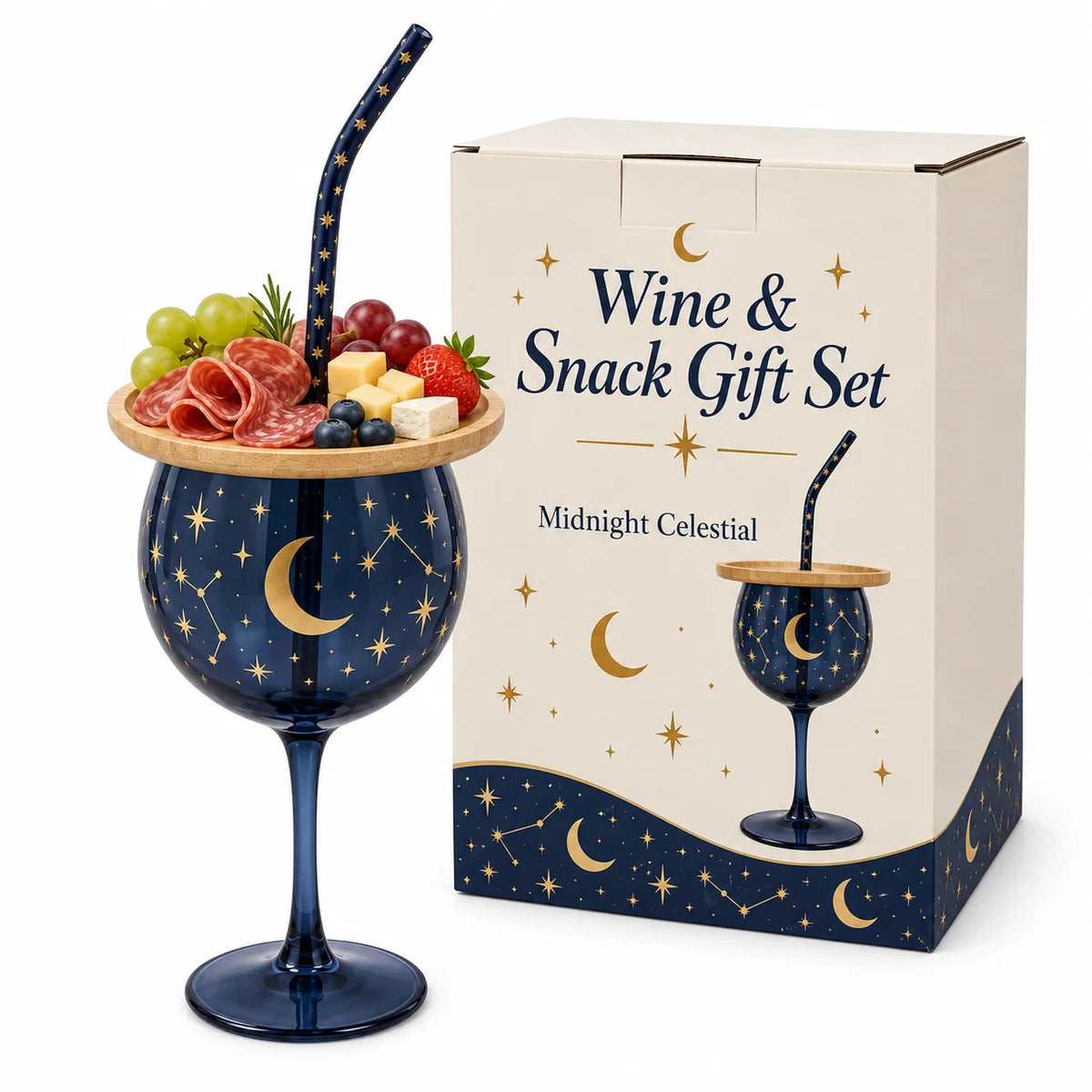 🍷 Sip & Snack Wine Glass Set – Charcuterie Topper with Straw