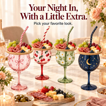 🍷 Sip & Snack Wine Glass Set – Charcuterie Topper with Straw