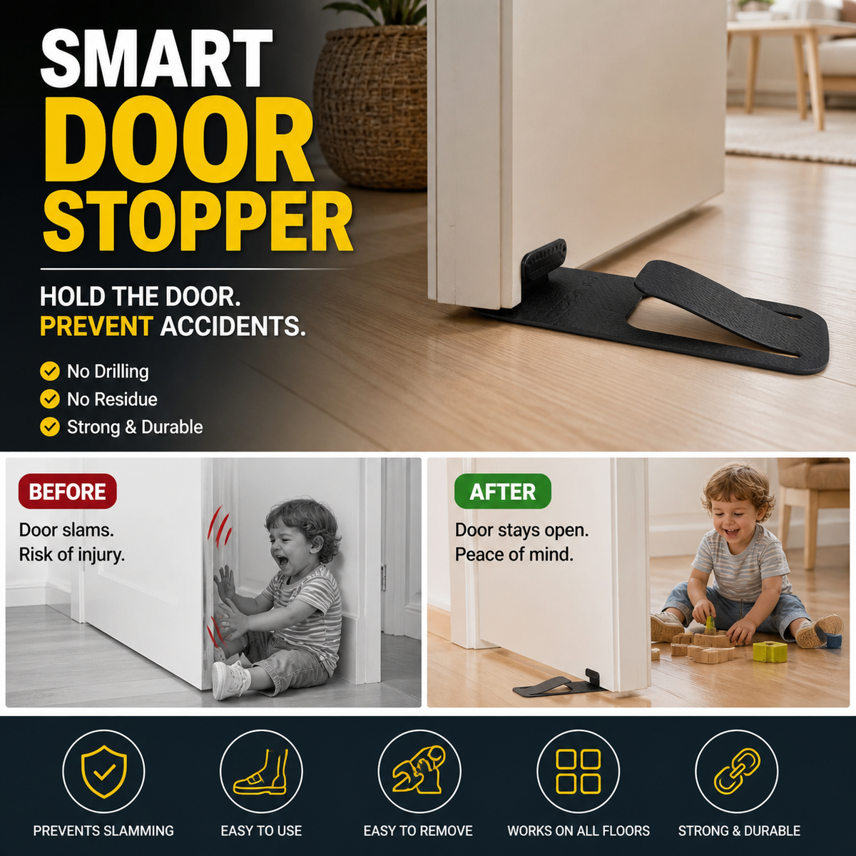 Hands-Free Door Stop 🚪 – Foot-Operated Floor Holder with No Drilling Required