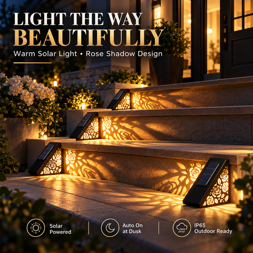 🌹☀️ Solar Rose Step Lights – Warm Glow for Stairs, Decks & Pathways