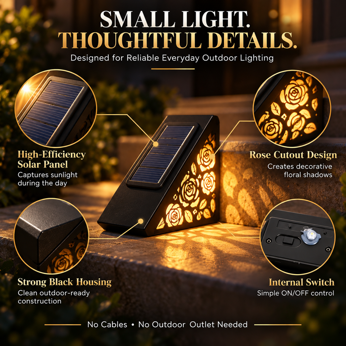 🌹☀️ Solar Rose Step Lights – Warm Glow for Stairs, Decks & Pathways