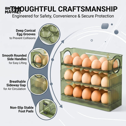 🥚 30-Egg Fridge Keeper – Clear Stackable Storage Tray with Protective Lid, Green