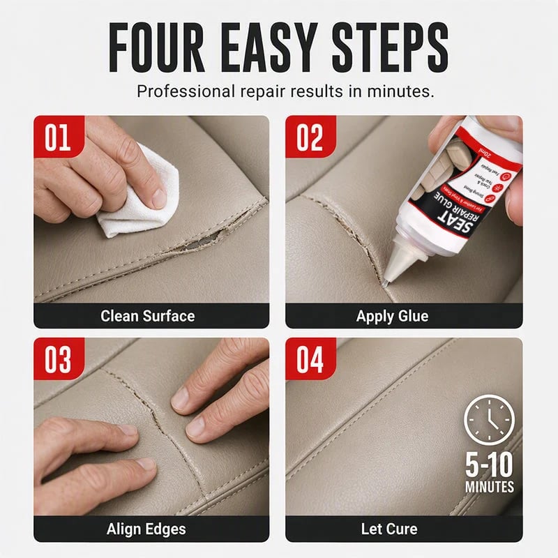 💯 Quick Dry Car Seat Leather Repair Glue‑ Precision Nozzle Vinyl & Leather Adhesive, Permanent Bond Repair Glue for Car Seats, Sofas & Leather Furnitures