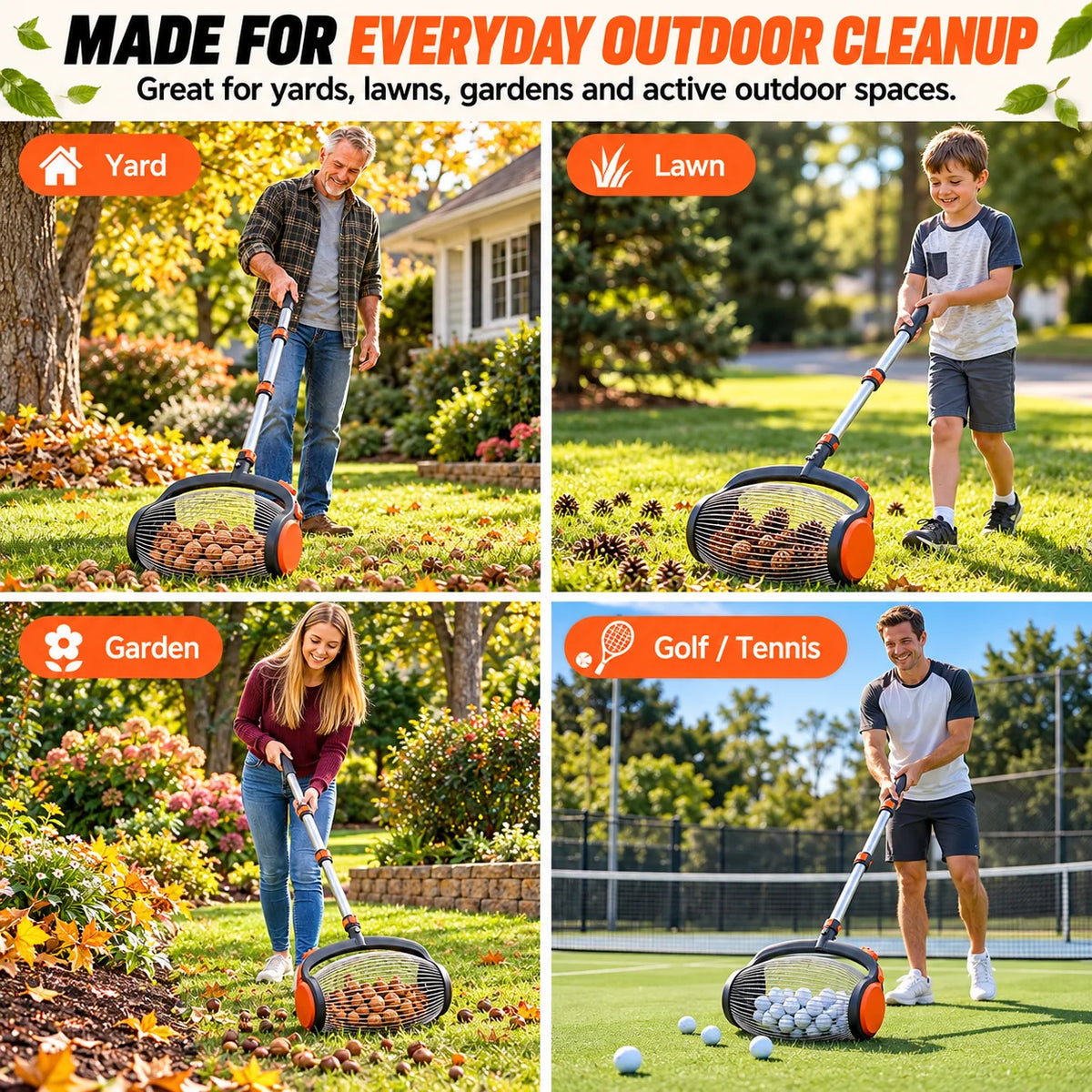 Telescoping Nut Gatherer with Foot-Operated Release – Rolling Walnut, Acorn & Pinecone Picker for Yard Cleanup