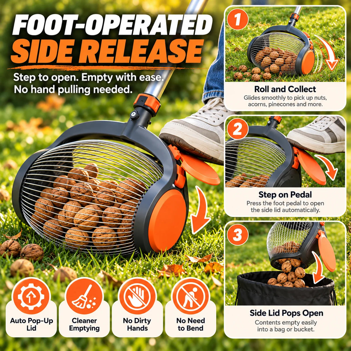 Telescoping Nut Gatherer with Foot-Operated Release – Rolling Walnut, Acorn & Pinecone Picker for Yard Cleanup