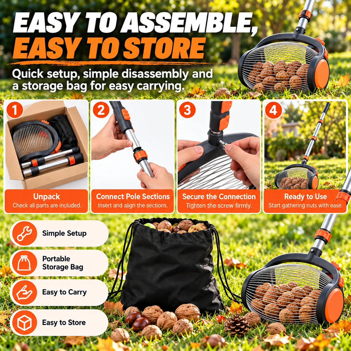 Telescoping Nut Gatherer with Foot-Operated Release – Rolling Walnut, Acorn & Pinecone Picker for Yard Cleanup