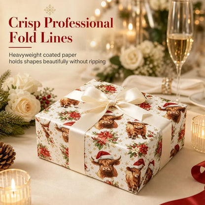 Christmas Highland Cow and Floral Gift Wrapping Paper Roll 43x70cm Holiday Present Wrap